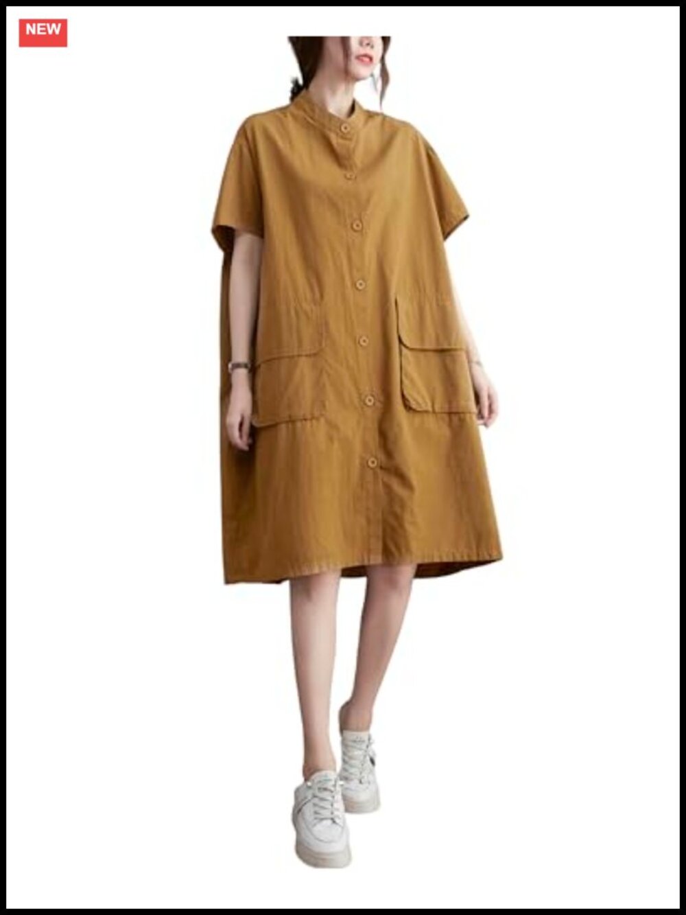 Women's Cotton Blend Button Down V-Neck Flowy Hem Dress with Pockets